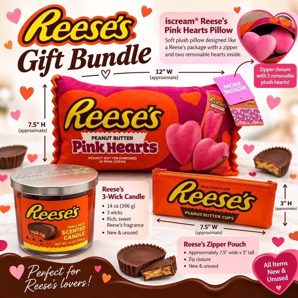 Reese’s Gift Bundle Iscream Pink Hearts Pillow 14 oz Candle & Pouch
